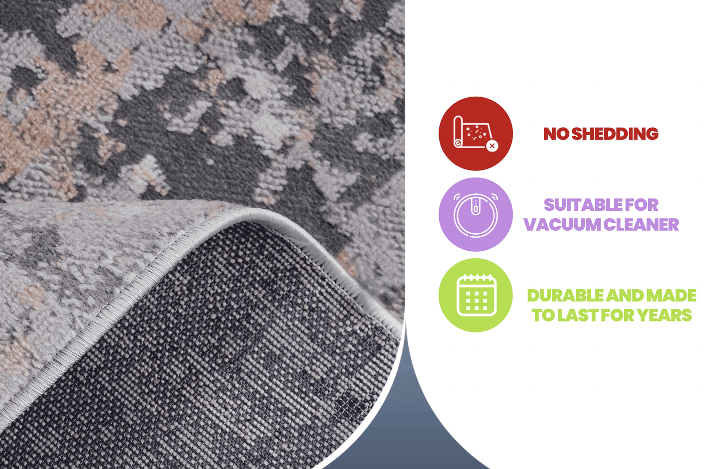 Abstract grey and peach patterned rug with a plush texture