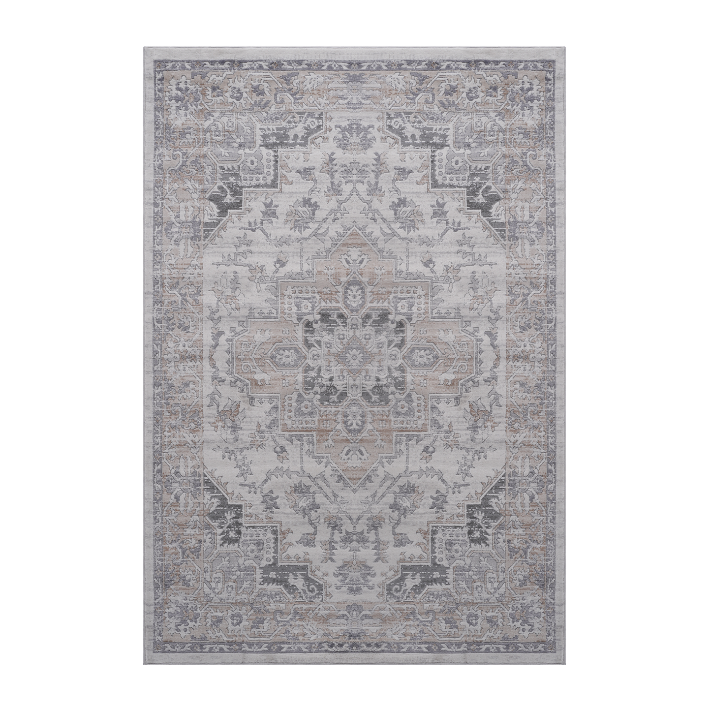 Gray and beige distressed Persian style rug with ornate floral motifs Suitable for living rooms