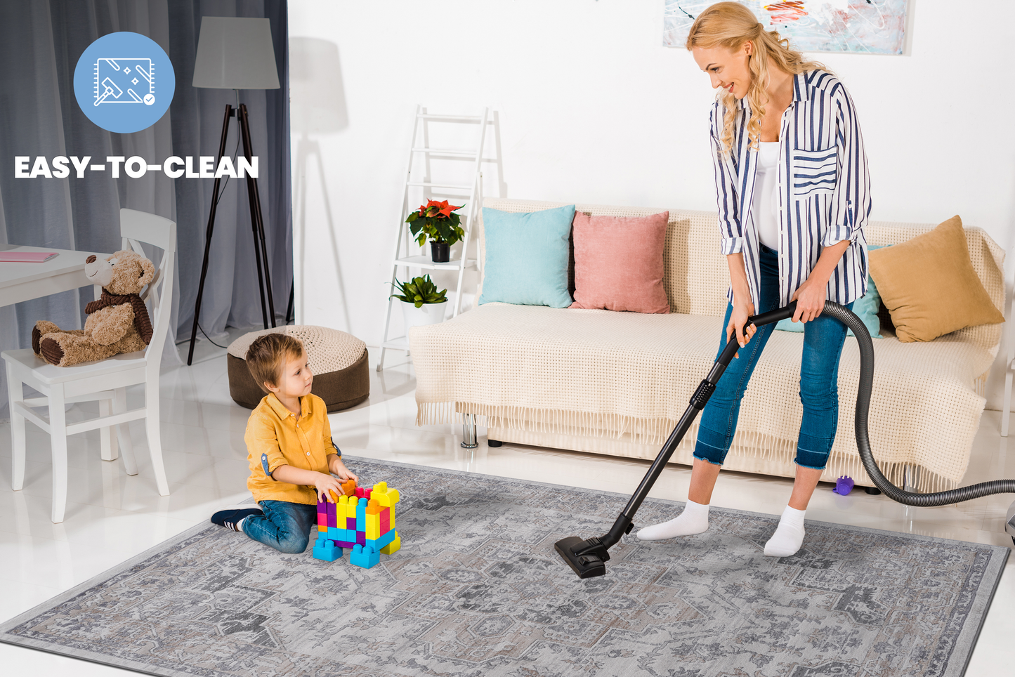 Gray patterned area rug with easytoclean design perfect for living rooms