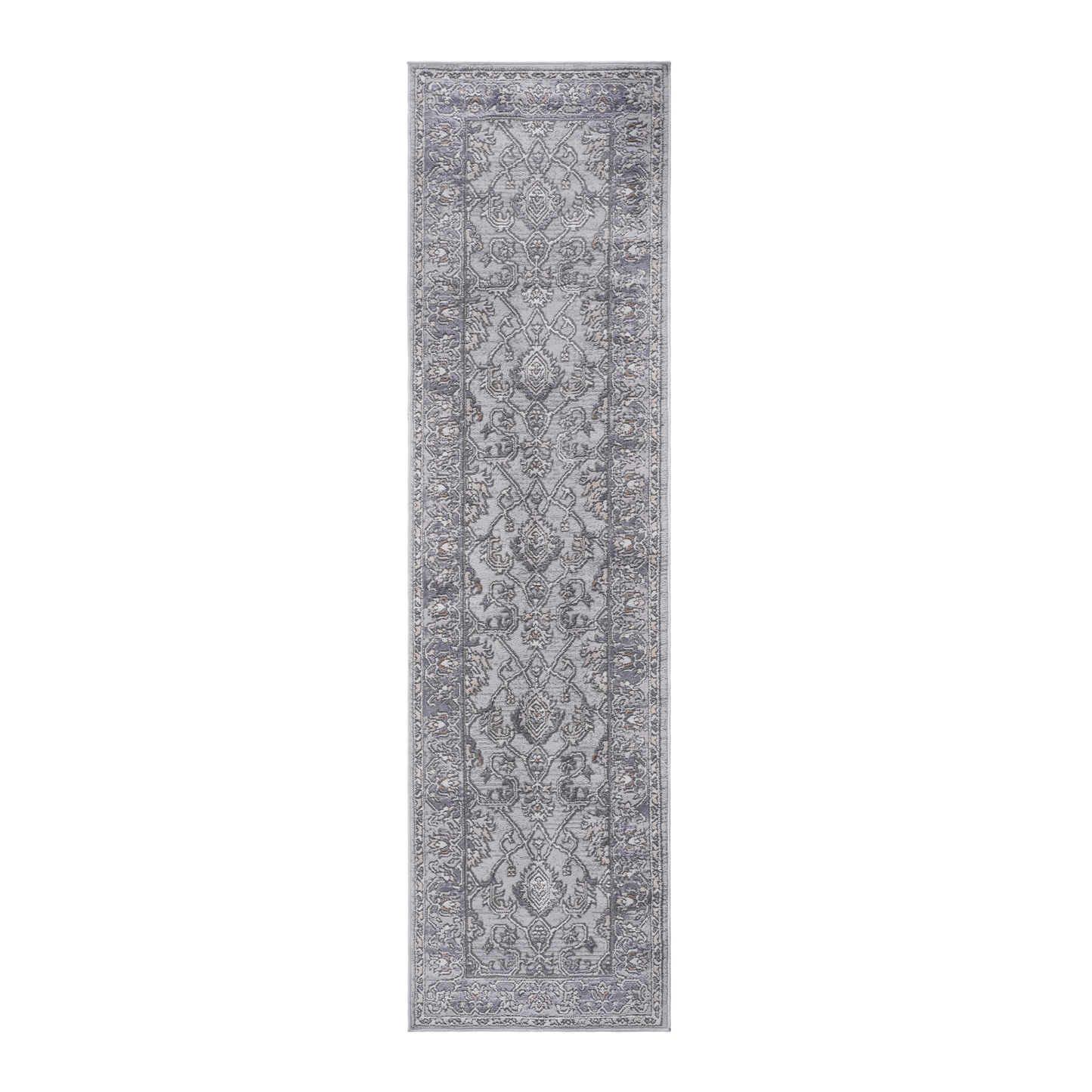 Soft grey Oriental runner rug with intricate damask pattern and frayed edges