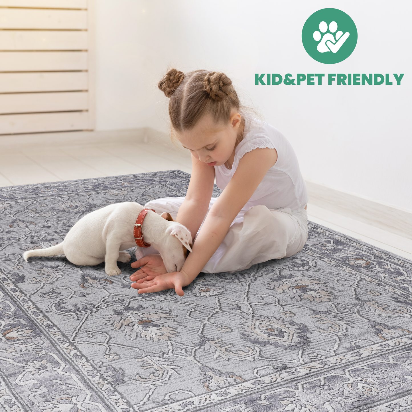 Classic Persian rug in soft grey with intricate damask pattern perfect for living rooms
