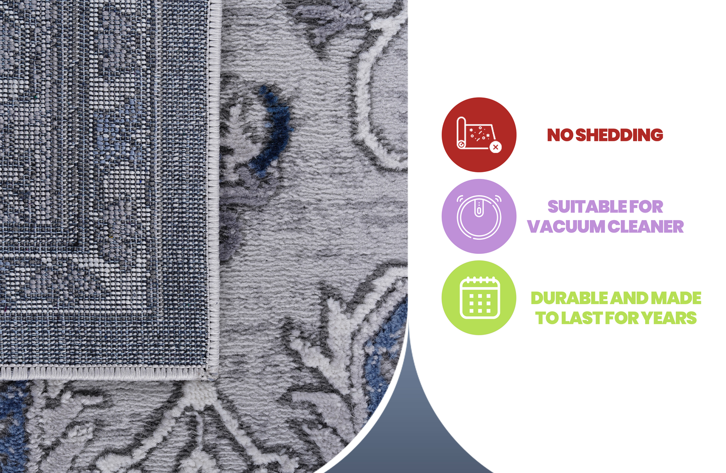 Closeup of a grey and blue patterned rug with a plush texture and woven backing