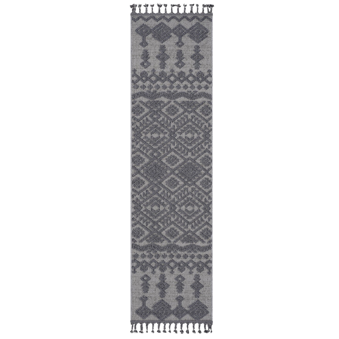 Grey geometric patterned outdoor rug with braided tassels on ends