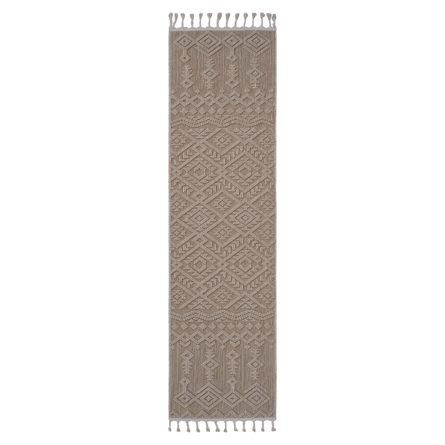Textured neutral runner rug with geometric diamond pattern and tassels