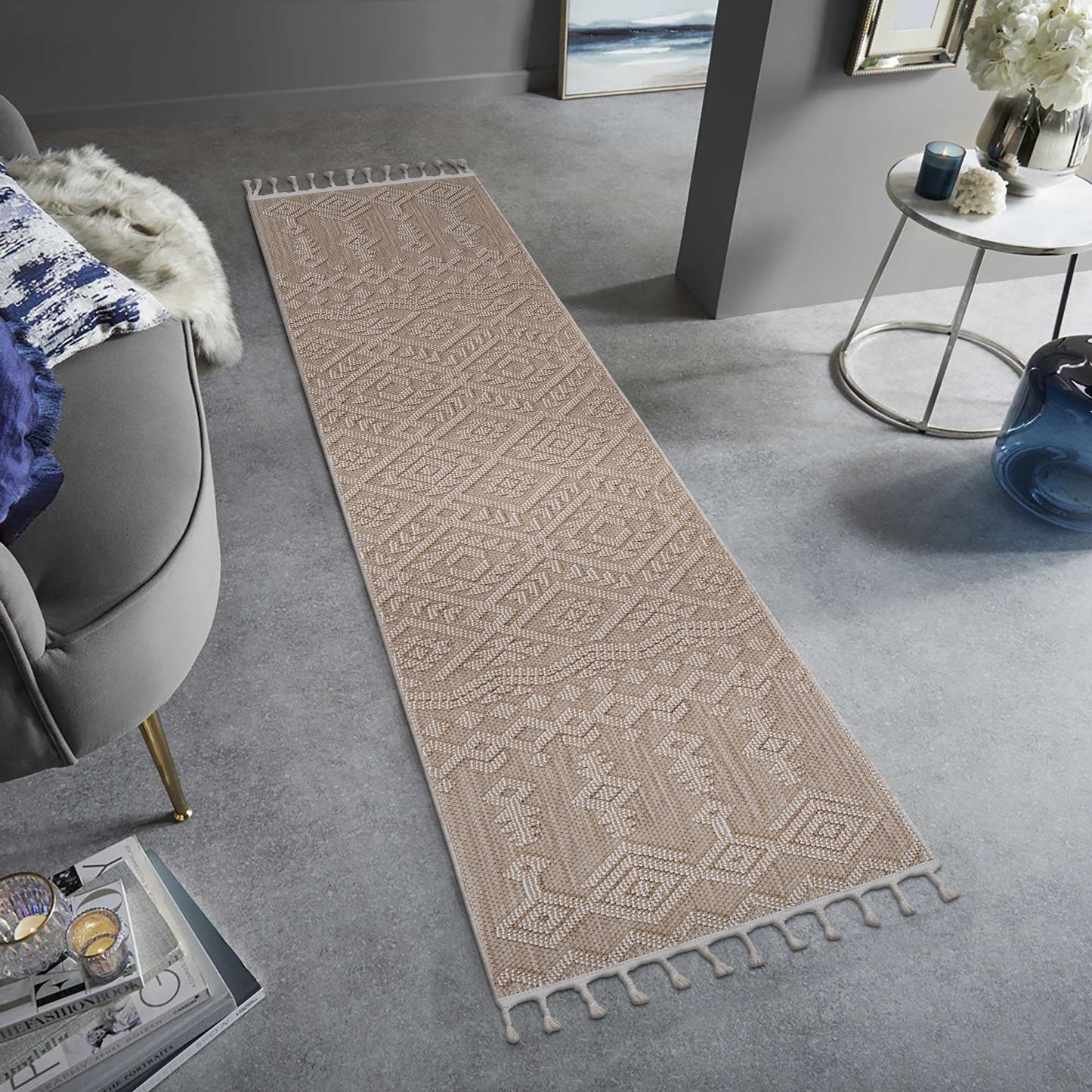 Beige diamond patterned runner rug with tassel trim perfect for hallways