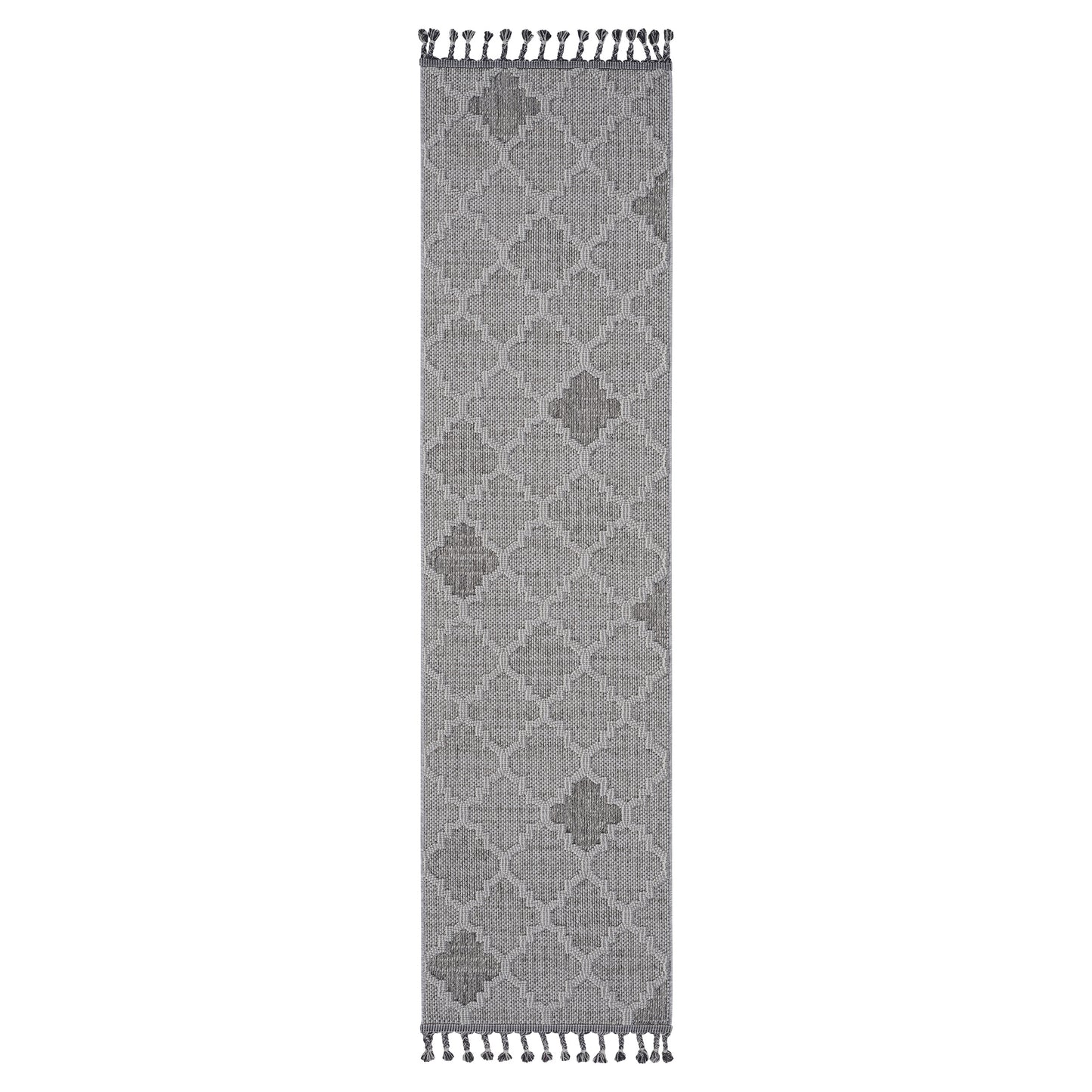 Grey Moroccanstyle runner rug with tassels perfect for hallways