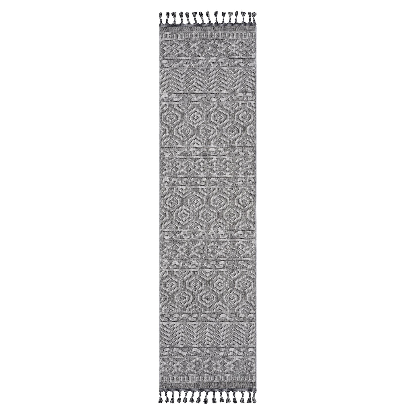 Gray textured runner rug with geometric patterns and tassels for entryway decor