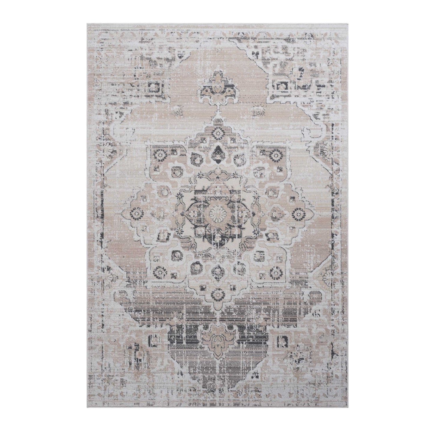 Distressed cream and grey oriental rug with central medallion pattern