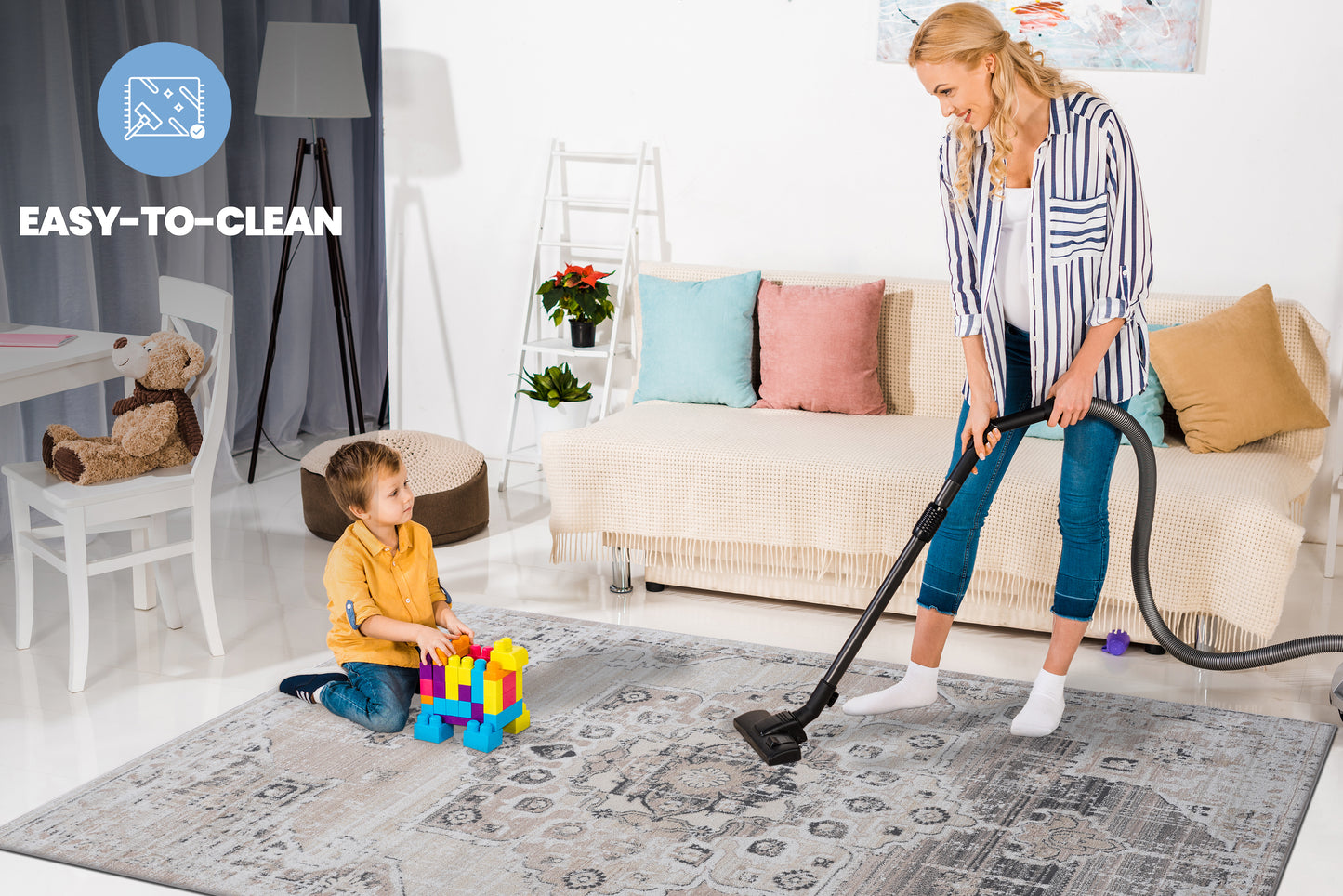 Cream and gray patterned rug perfect for easytoclean living spaces Durable and stylish