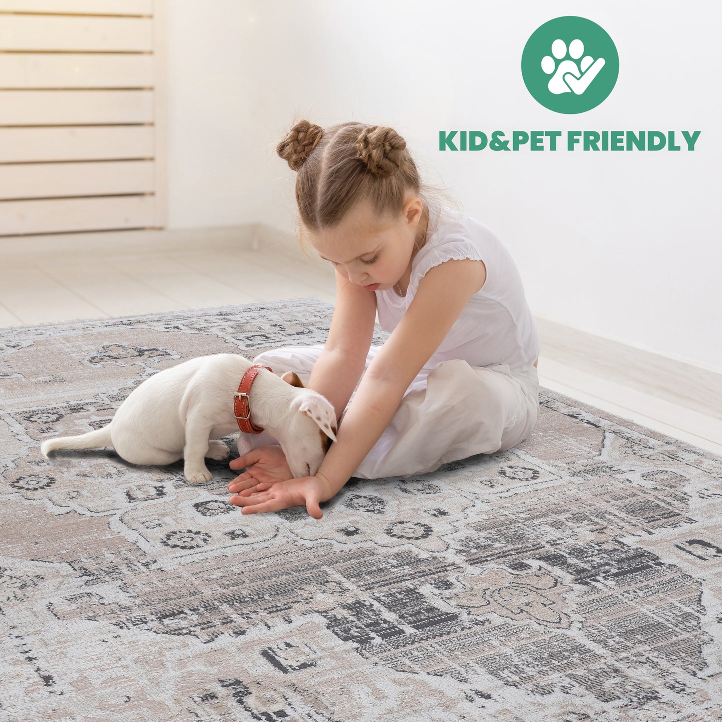 Cream and grey distressed oriental rug with intricate patterns perfect for living rooms