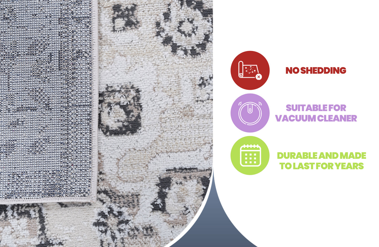 Closeup of a cream and grey distressed medallion pattern rug woven texture