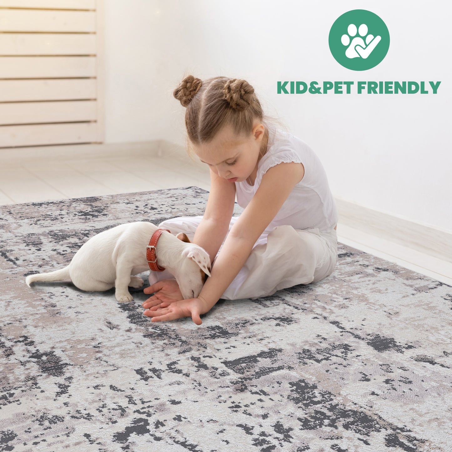 Abstract grey and beige area rug with distressed pattern for living room