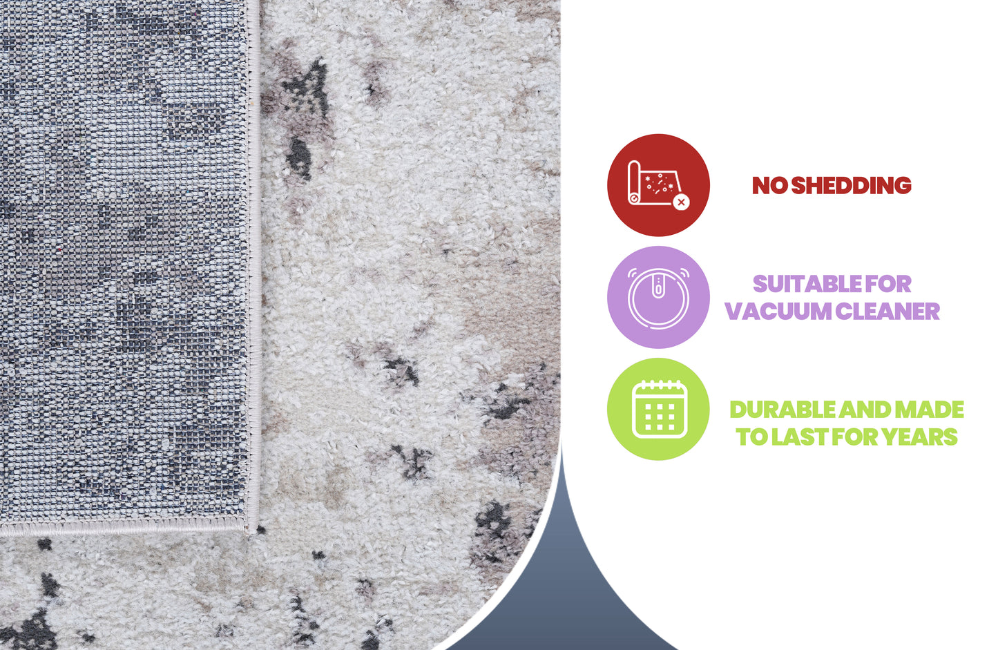 Closeup of a textured beige rug with grey abstract patterns No shedding