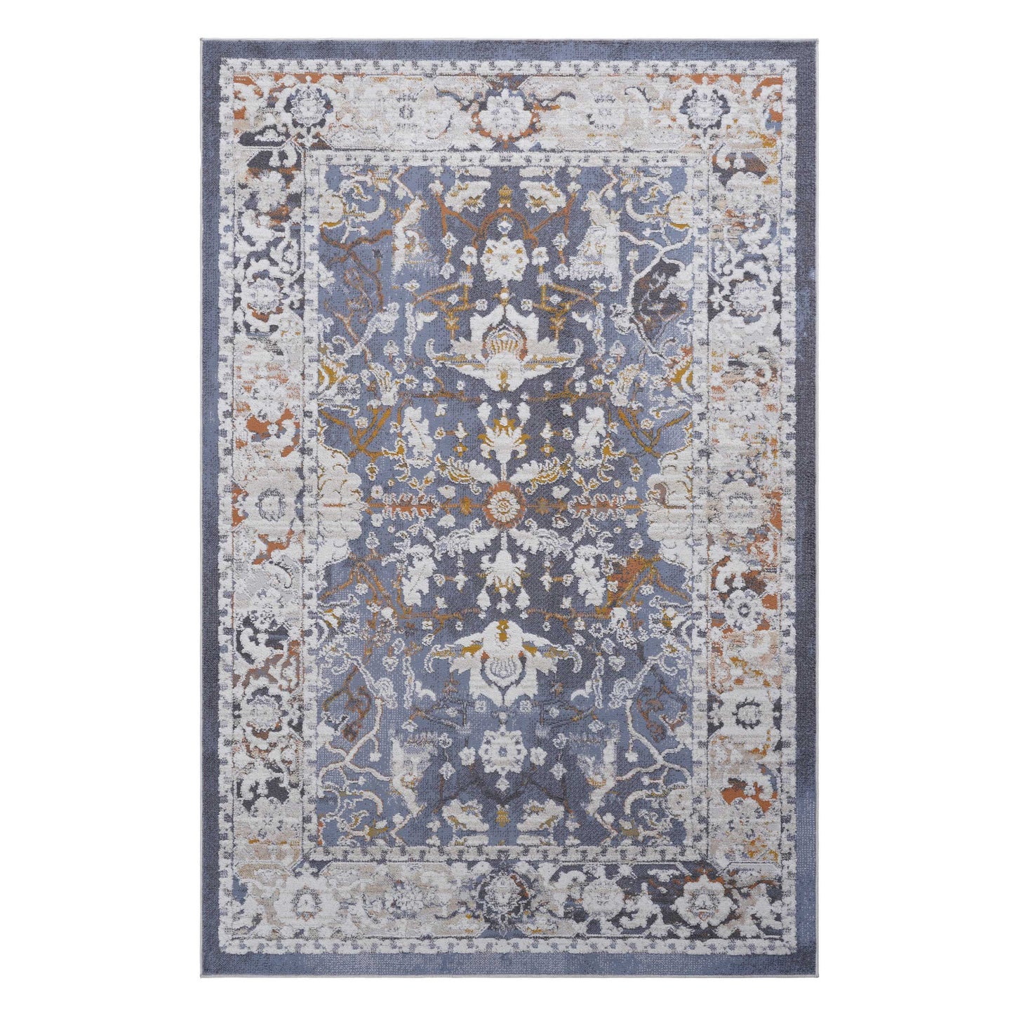 Blue and grey vintage oriental rug with distressed floral pattern and muted orange accents for living room