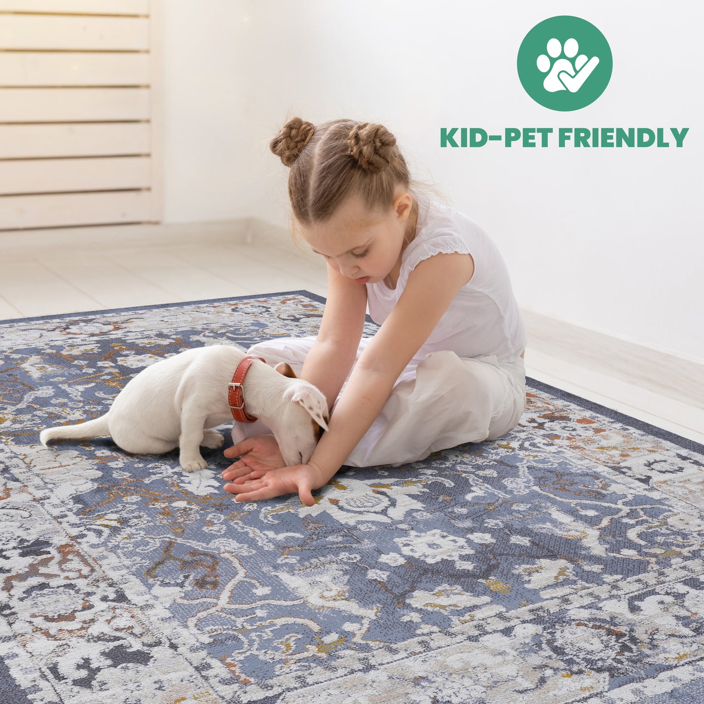 Blue distressed oriental rug with ornate damask pattern kid and pet friendly