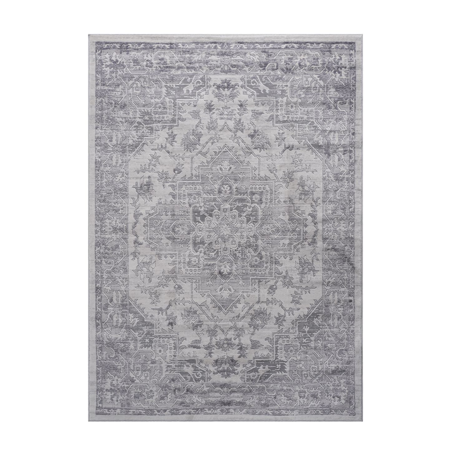 Gray vintage rug with intricate medallion pattern and border detail