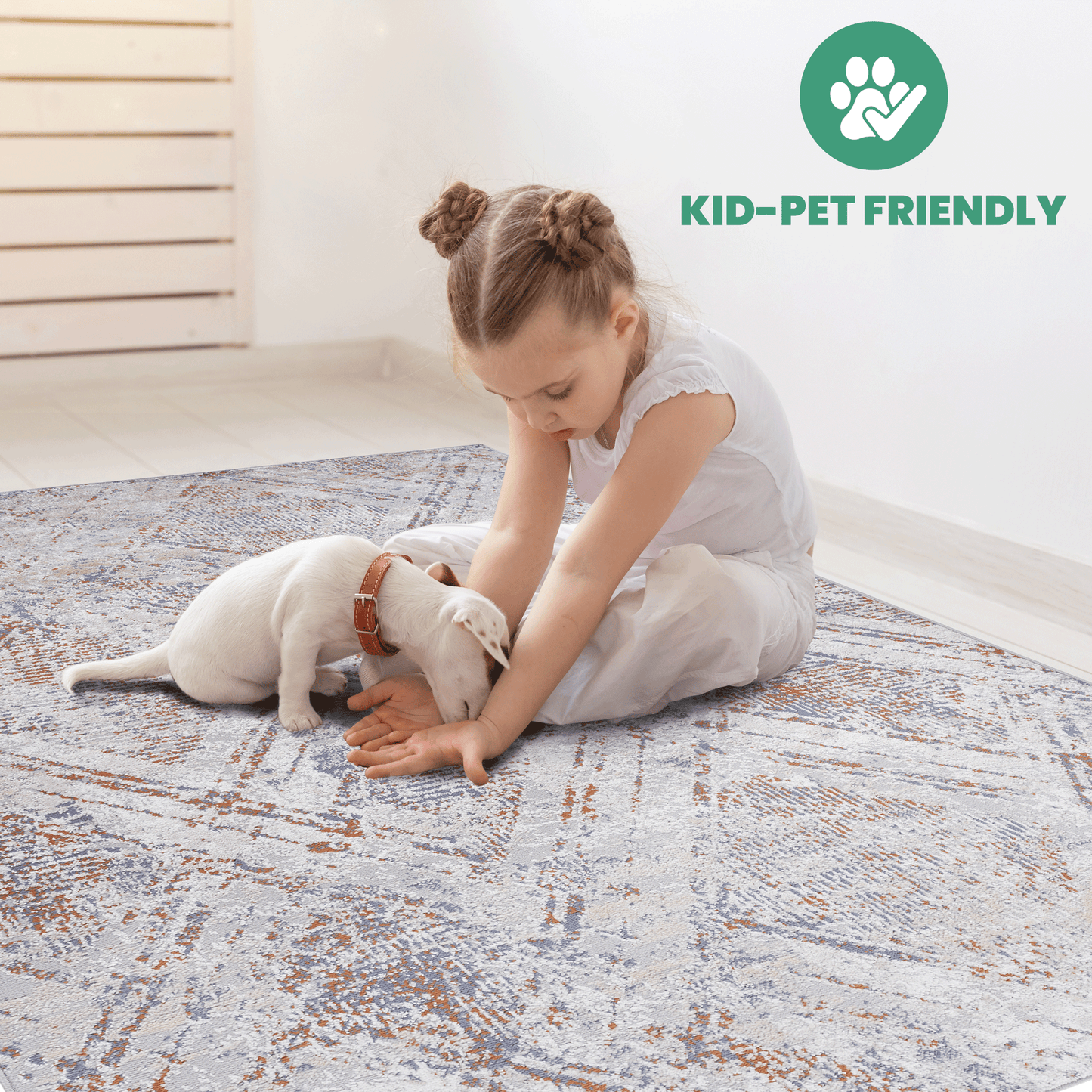 Abstract grey and rust textured rug with a playful design for modern living spaces
