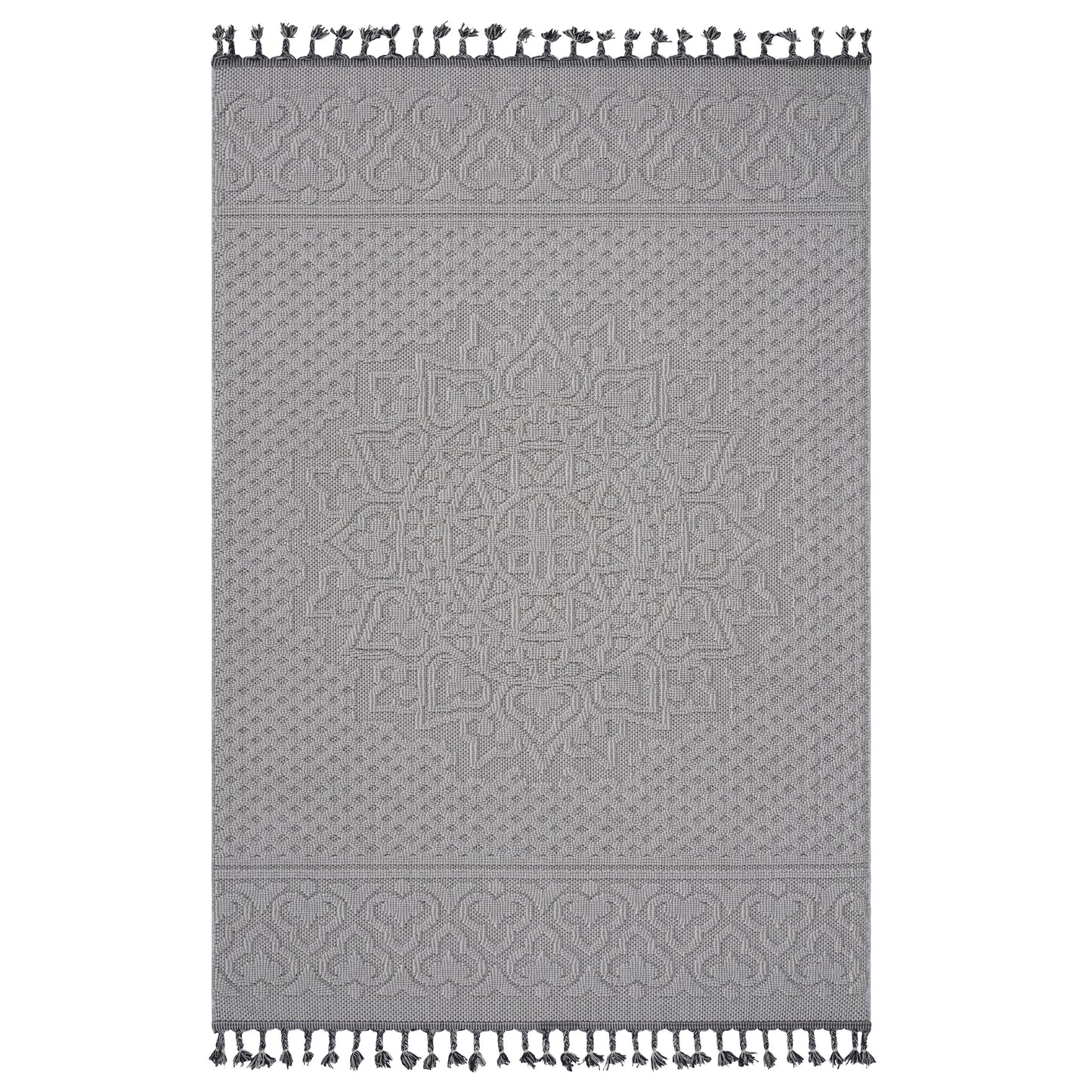 Grey woven rug with intricate geometric medallion and border design featuring tassels