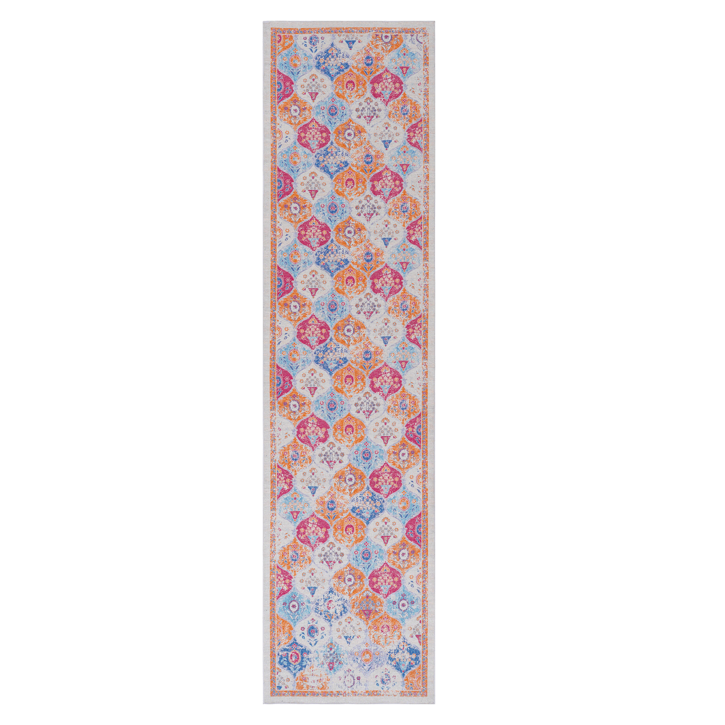 Bohemian style runner rug with a mosaic pattern in pink orange and blue hues