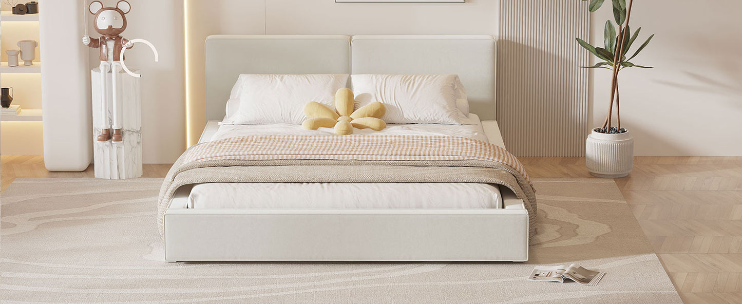 Modern upholstered platform bed with soft grey headboard and linen bedding
