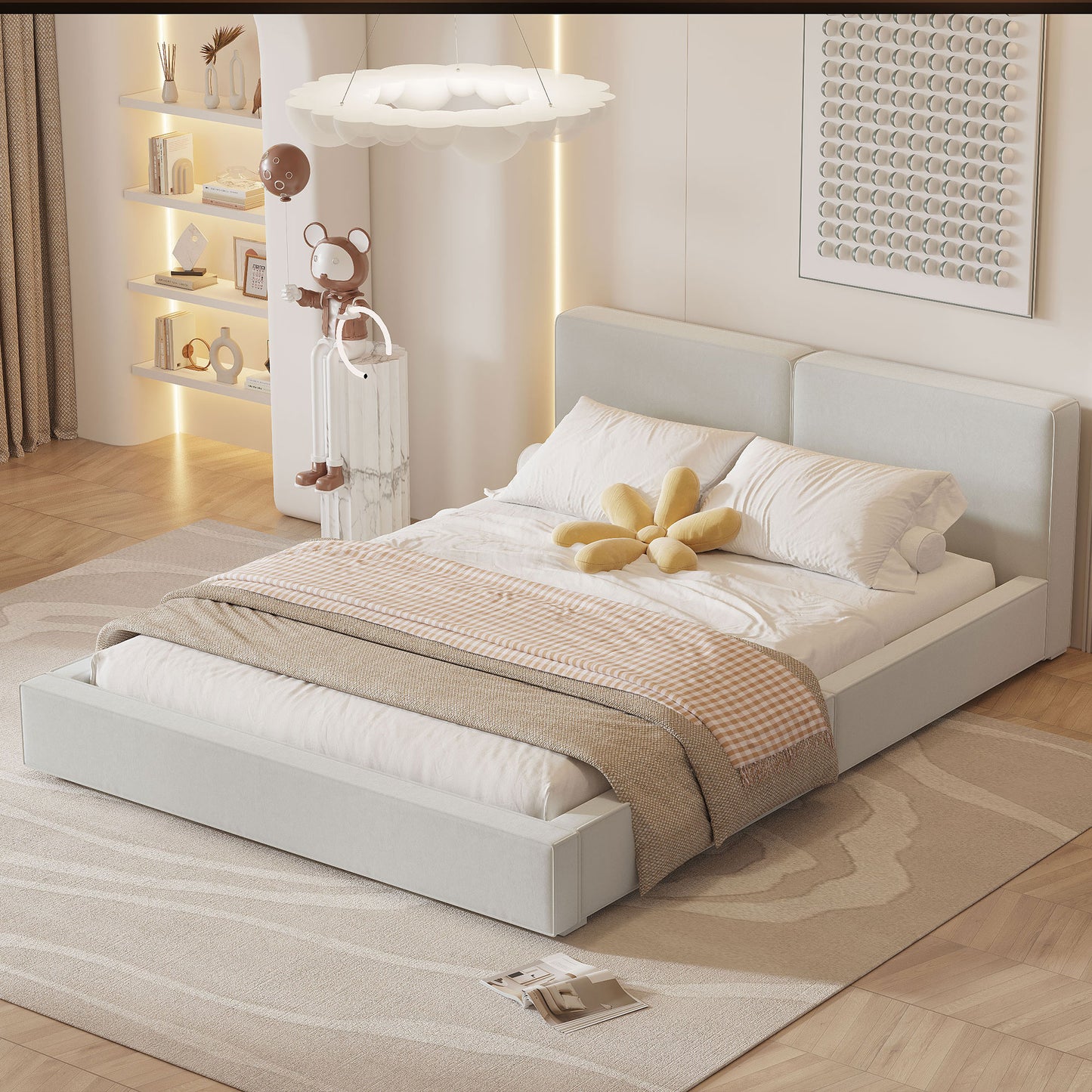 Minimalist upholstered platform bed in light grey