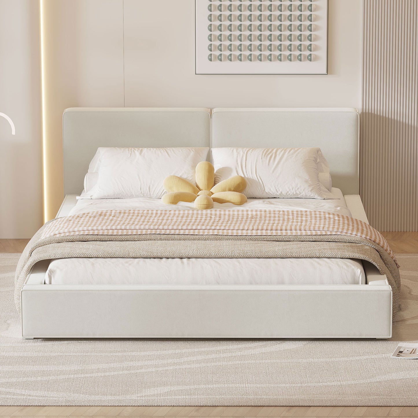 Modern white upholstered platform bed with plush pillows and accent throws