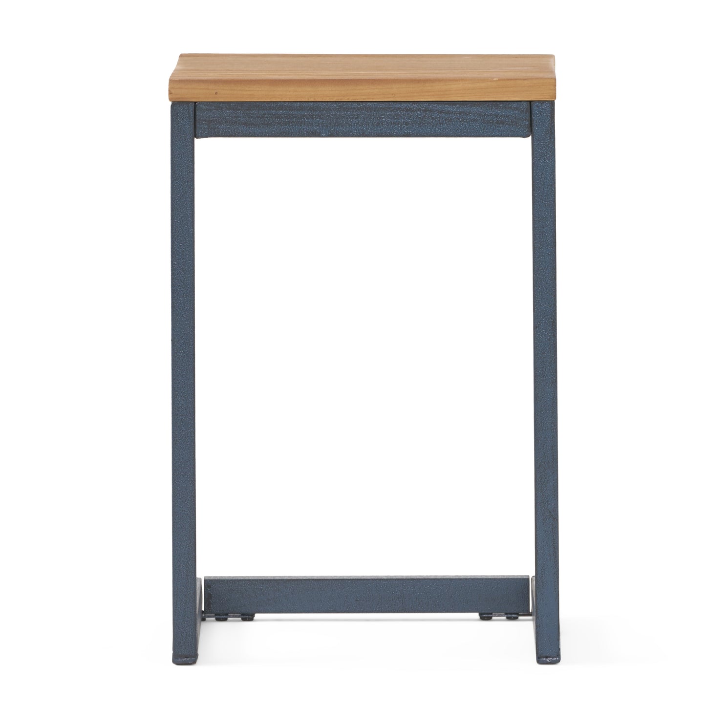 Wooden top side table with dark blue metal frame for indoor use