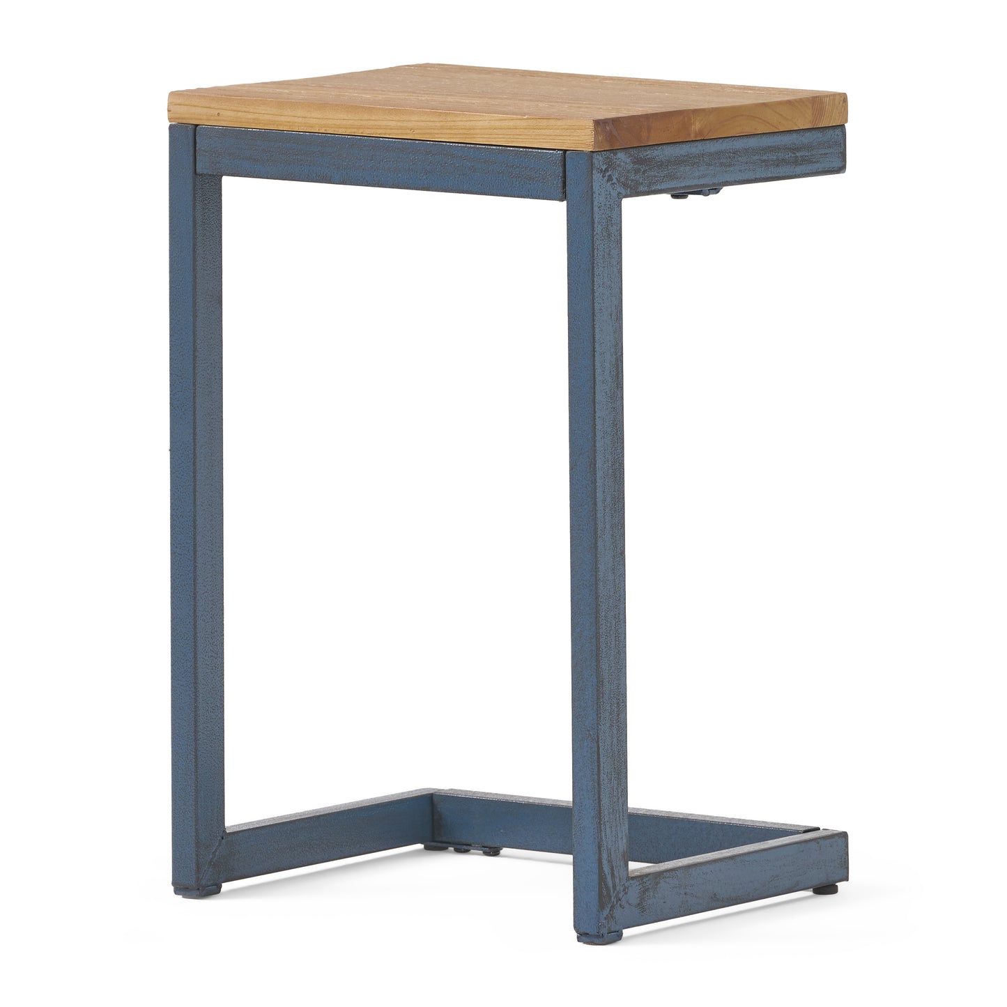 Cshaped side table with distressed blue metal frame and natural wood top