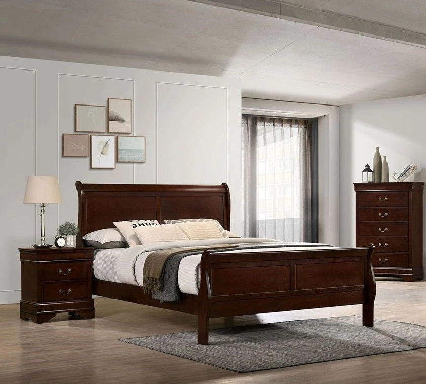 Rich cherry sleigh bed with matching nightstand and dresser