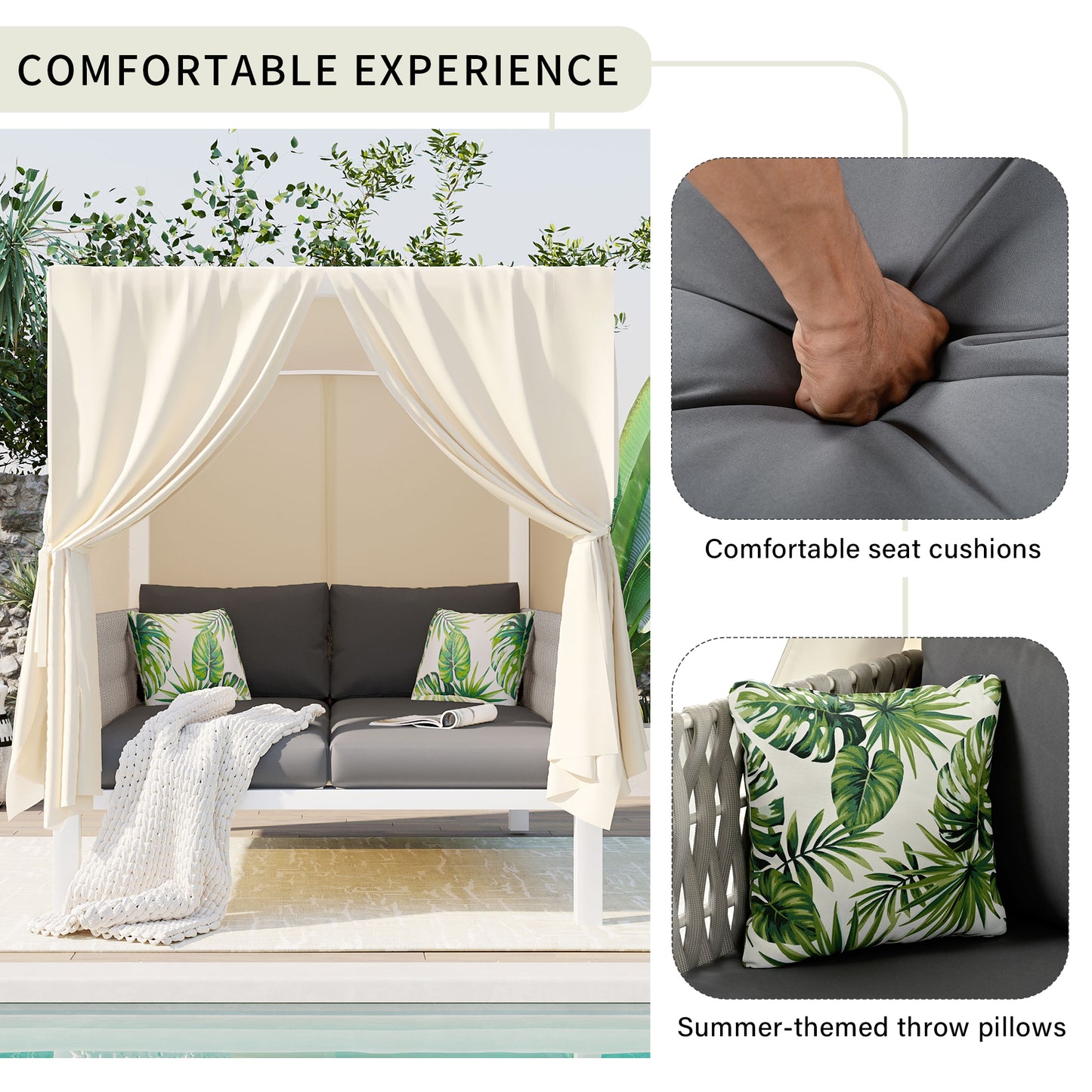 Outdoor canopy daybed with plush gray cushions and tropical leaf patterned pillows
