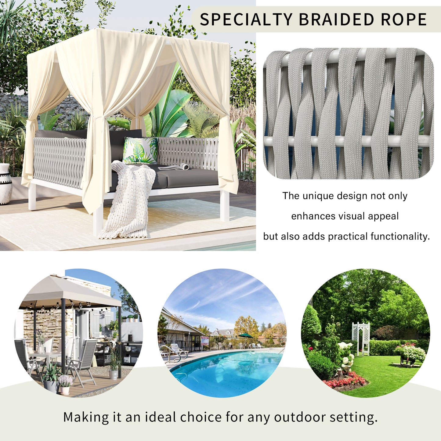 Cream canopy daybed with grey braided rope detailing on a patio