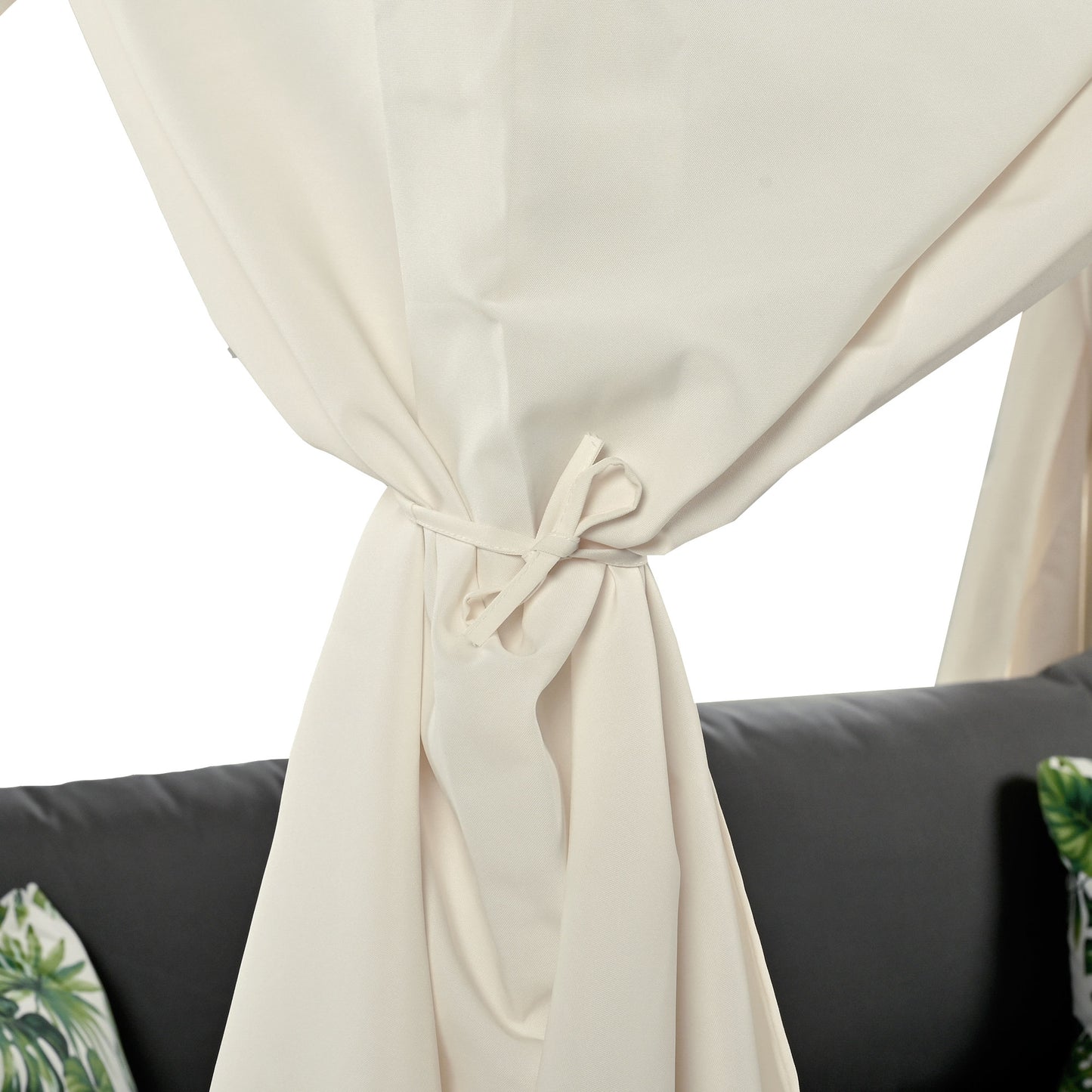 Cream outdoor gazebo canopy fabric tied back with a matching fabric tie