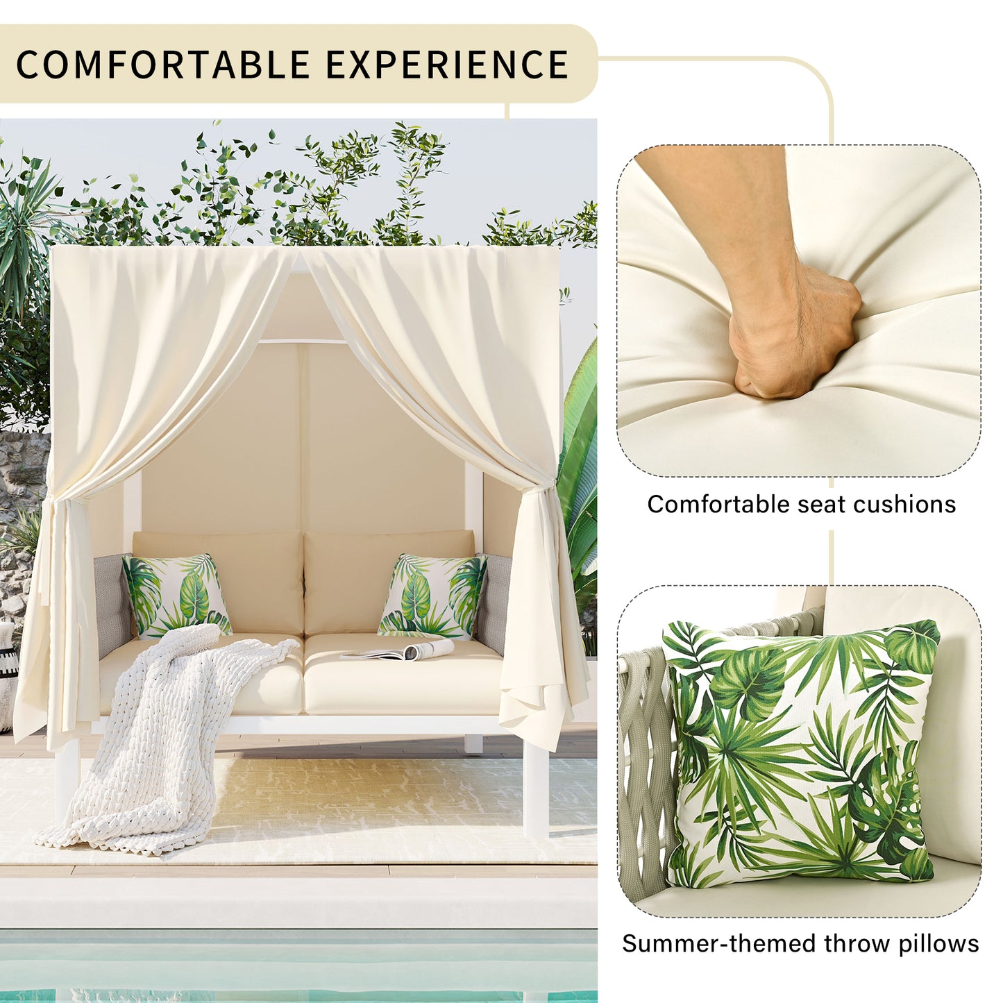 Cream outdoor daybed with draped curtains and plush cushions