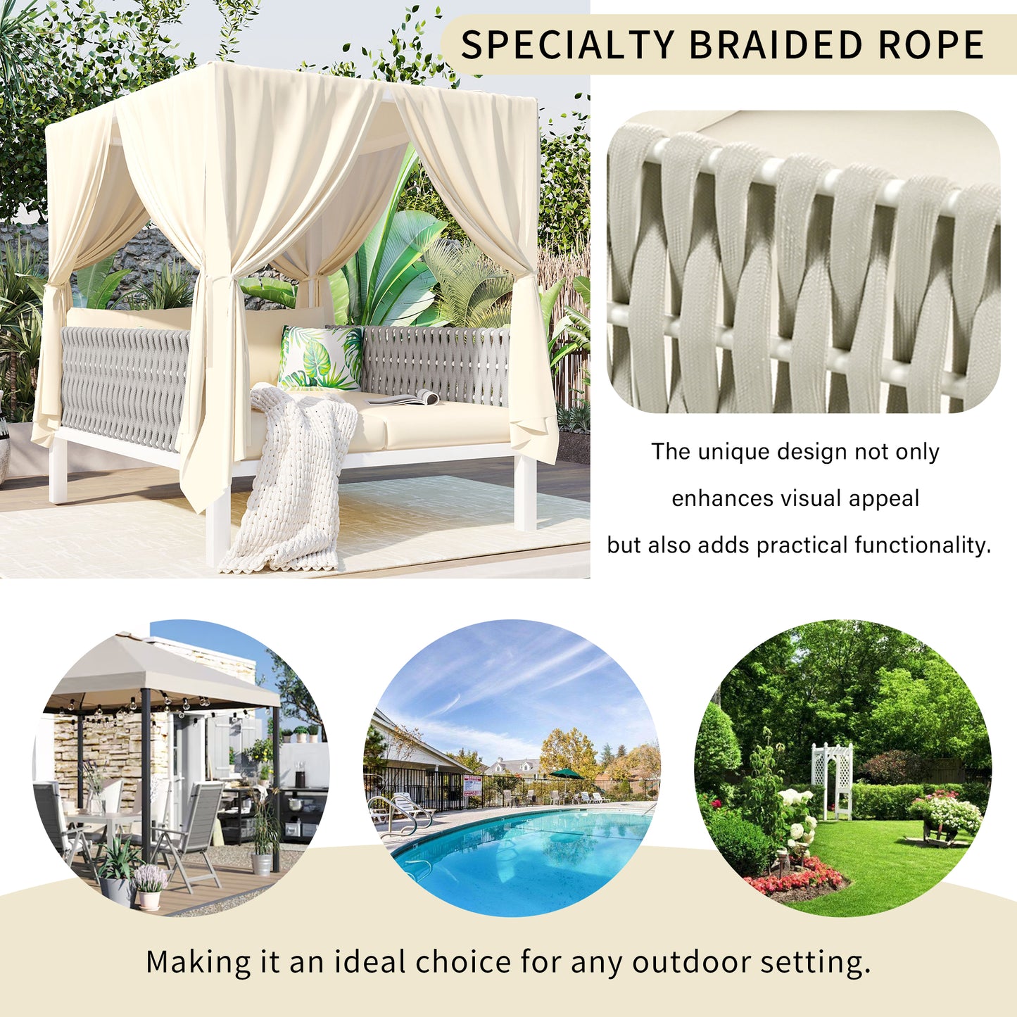Cream braided rope detail on outdoor daybed with canopy