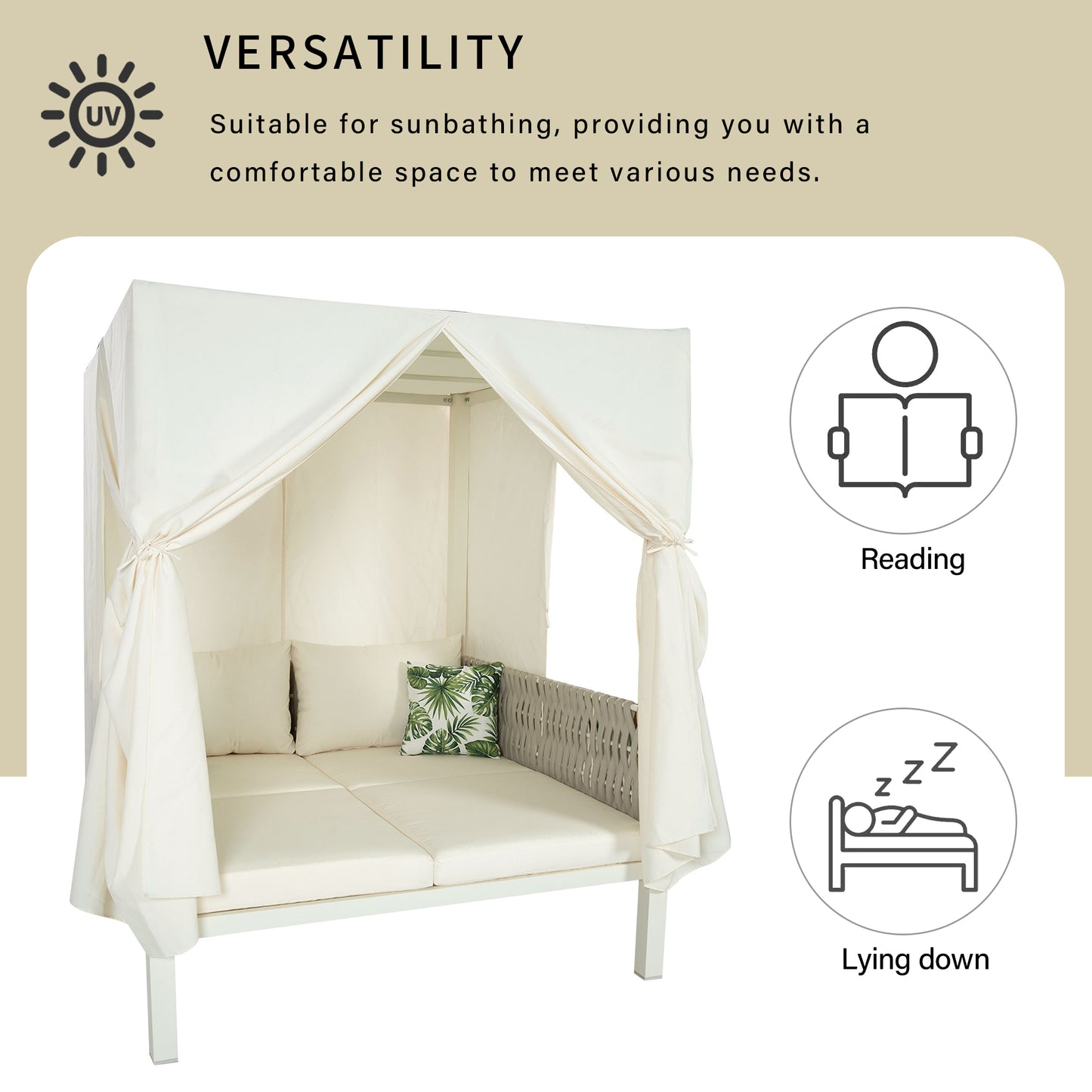 Cream outdoor daybed with canopy and plush cushions perfect for patio relaxation