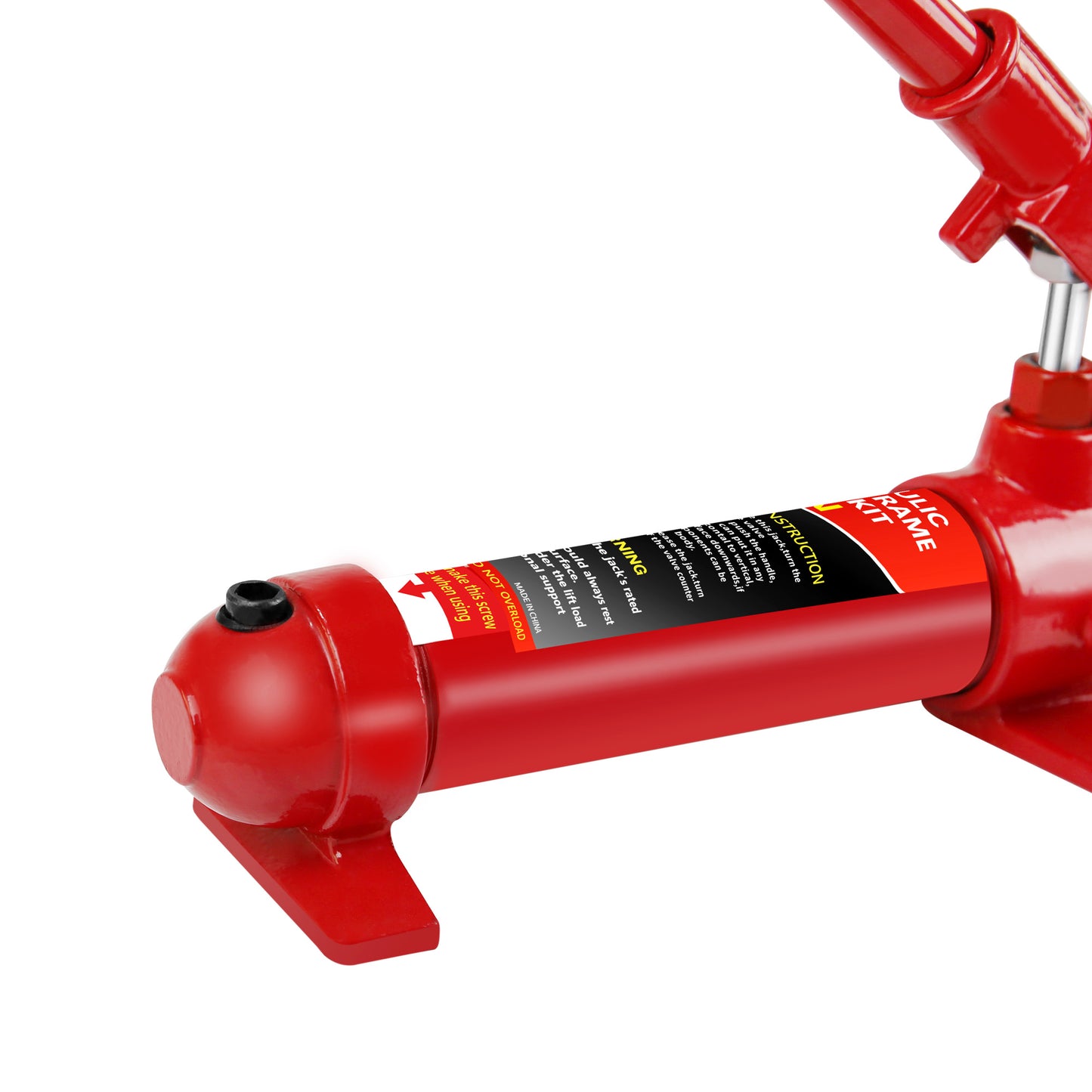 Red hydraulic frame jack with warning labels for safe operation