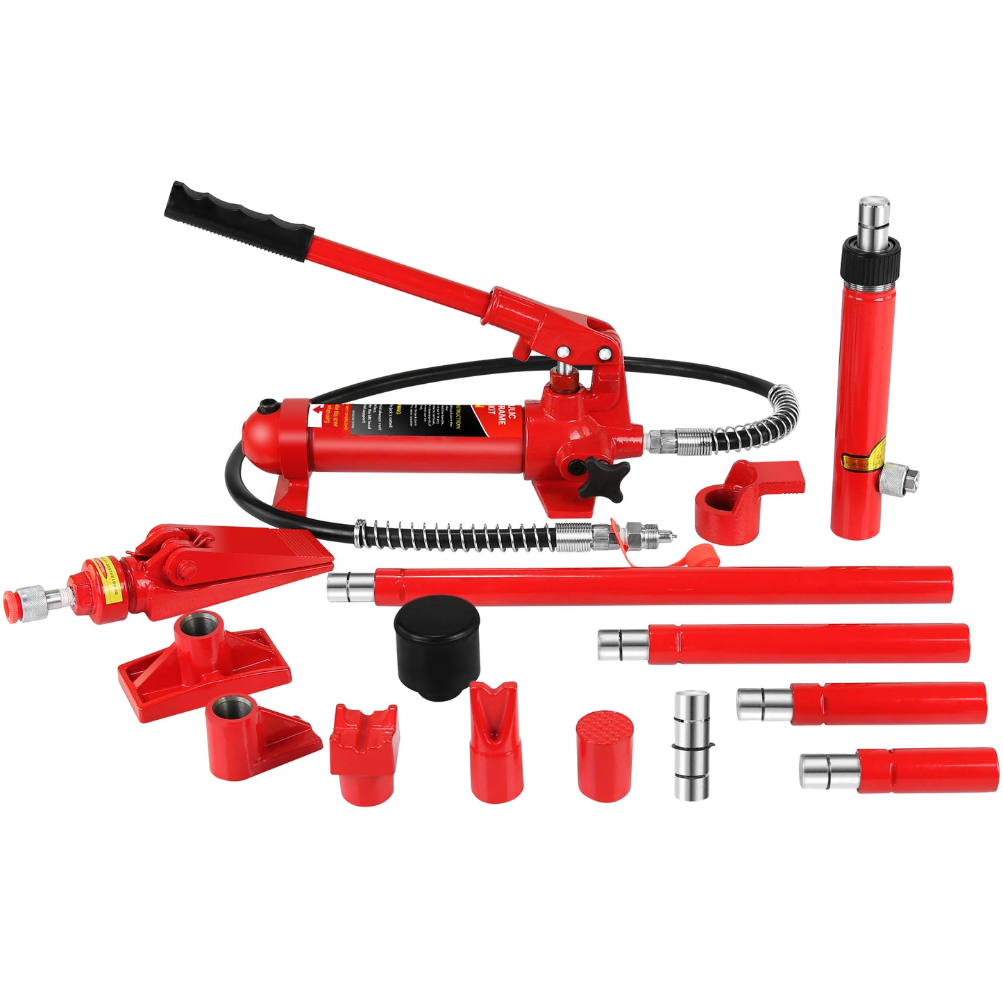 Red hydraulic auto body frame repair kit with pump and various attachments