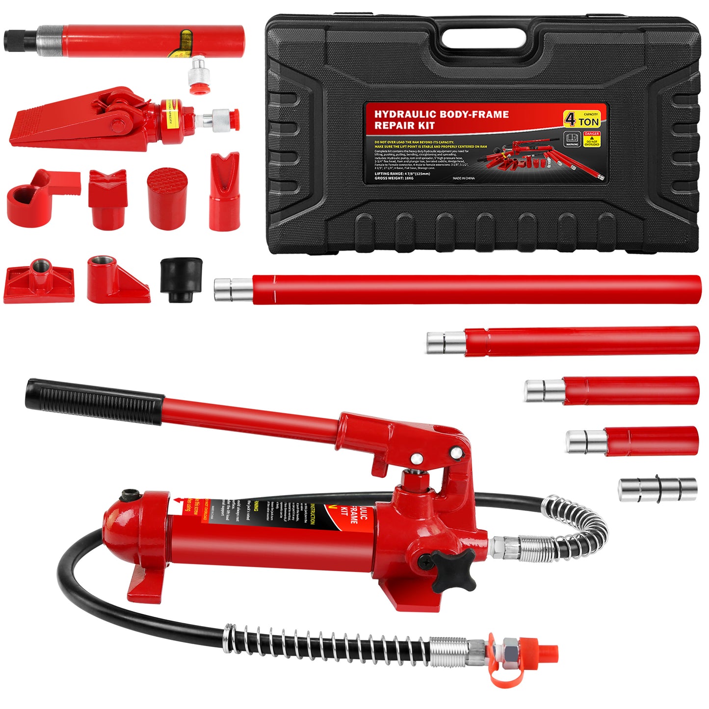 ton hydraulic bodyframe repair kit with pump and various attachments in a black case