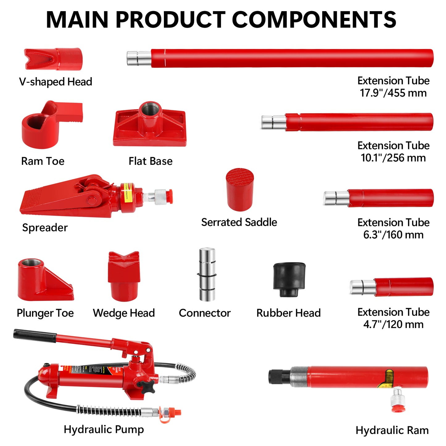 Red Vshaped head attachment for a hydraulic ram jack crafted from durable metal