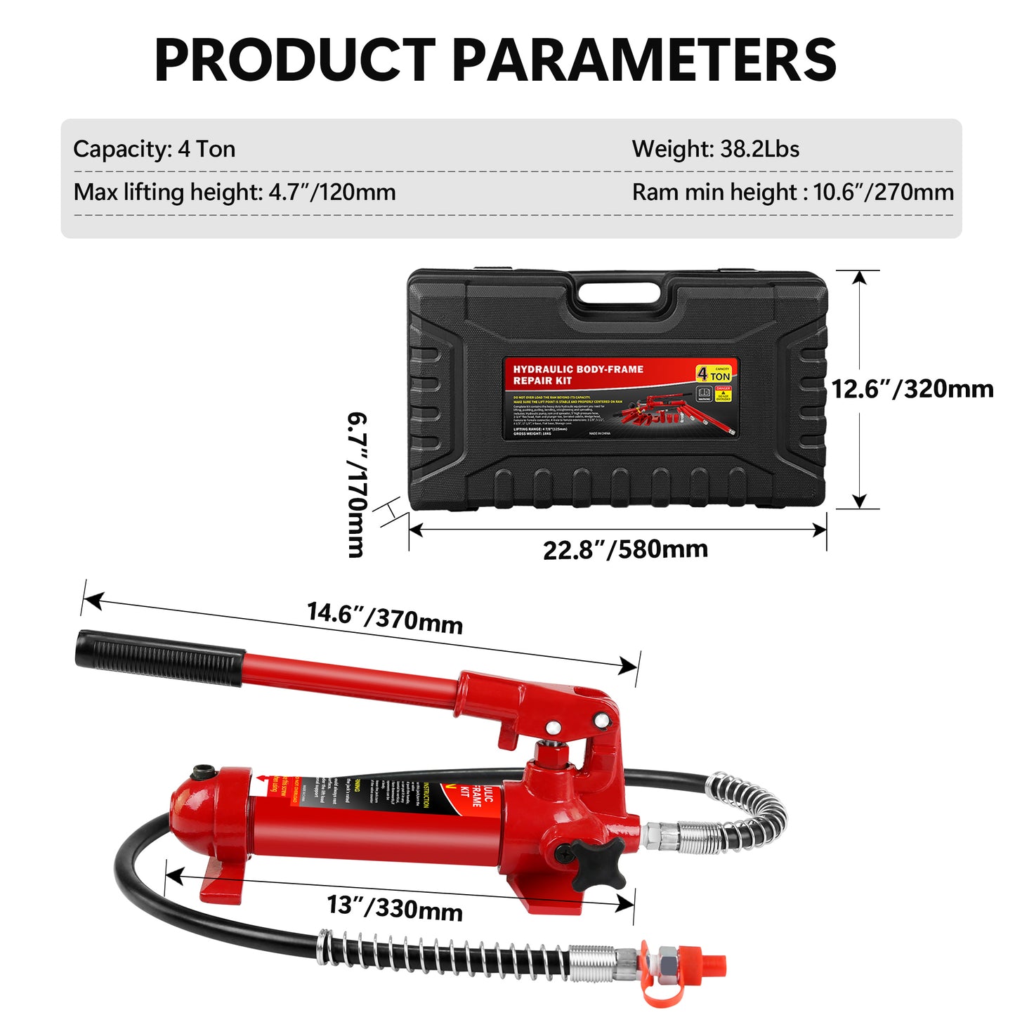 Red ton hydraulic bodyframe repair kit with sturdy carrying case