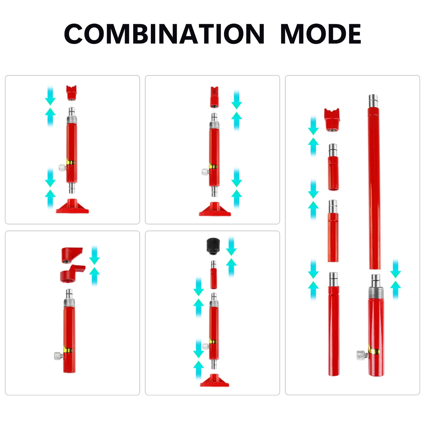 Red hydraulic jack components showing assembly with arrows for combination mode