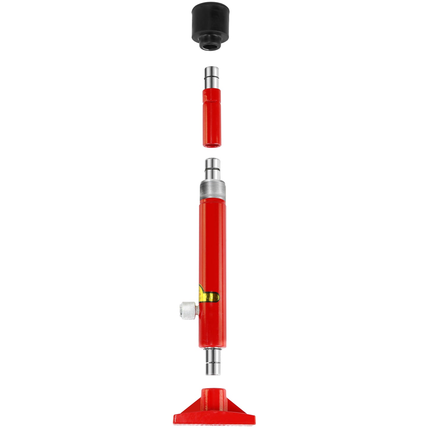 Red hydraulic ram jack with adjustable screw and base for automotive lifting