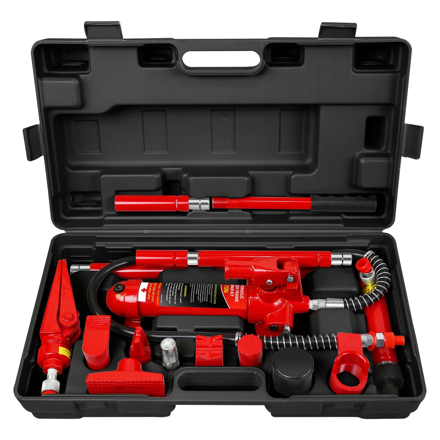 Red hydraulic body frame repair kit with multiple attachments in a black case