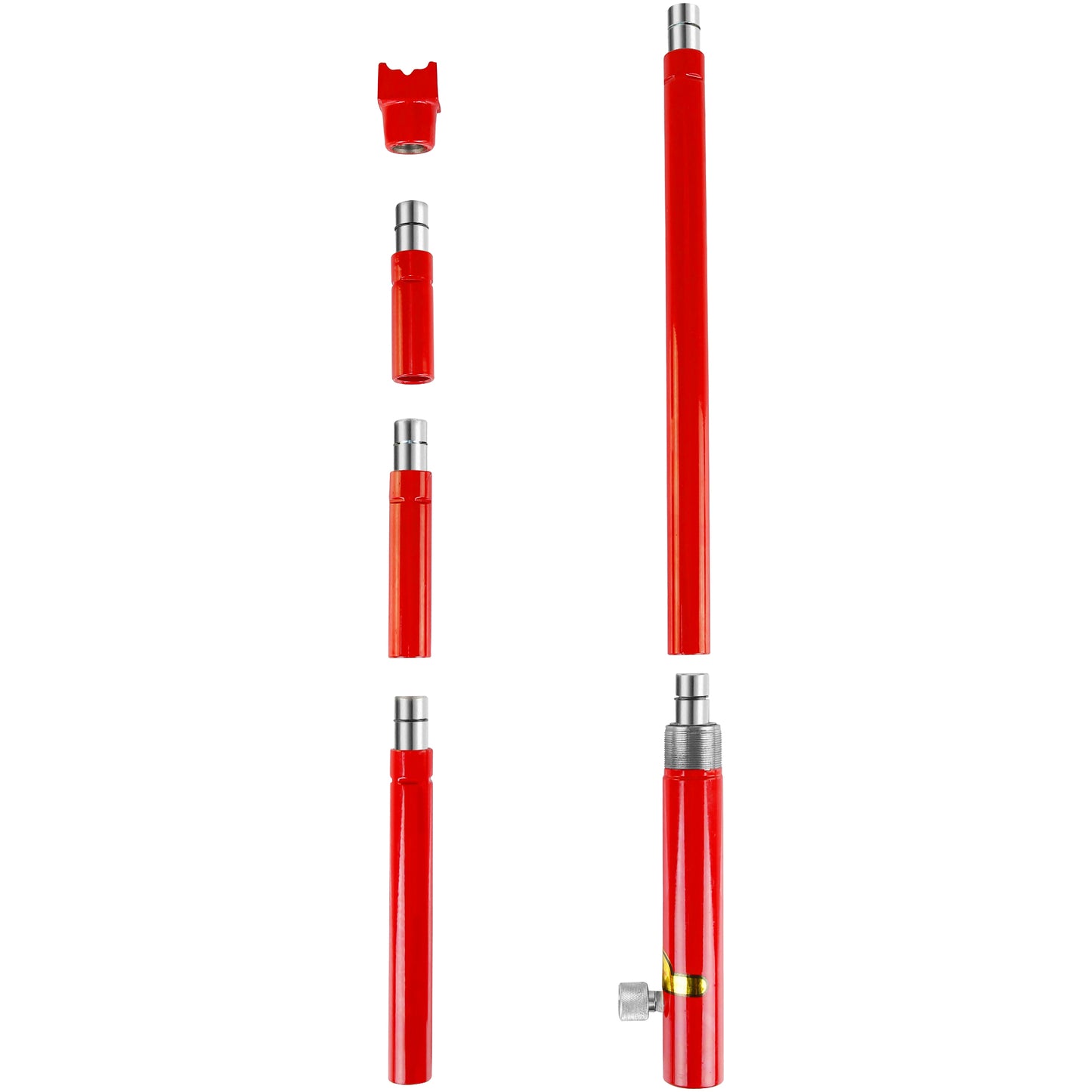 Red hydraulic ram cylinder with interchangeable extensions and mounting bracket