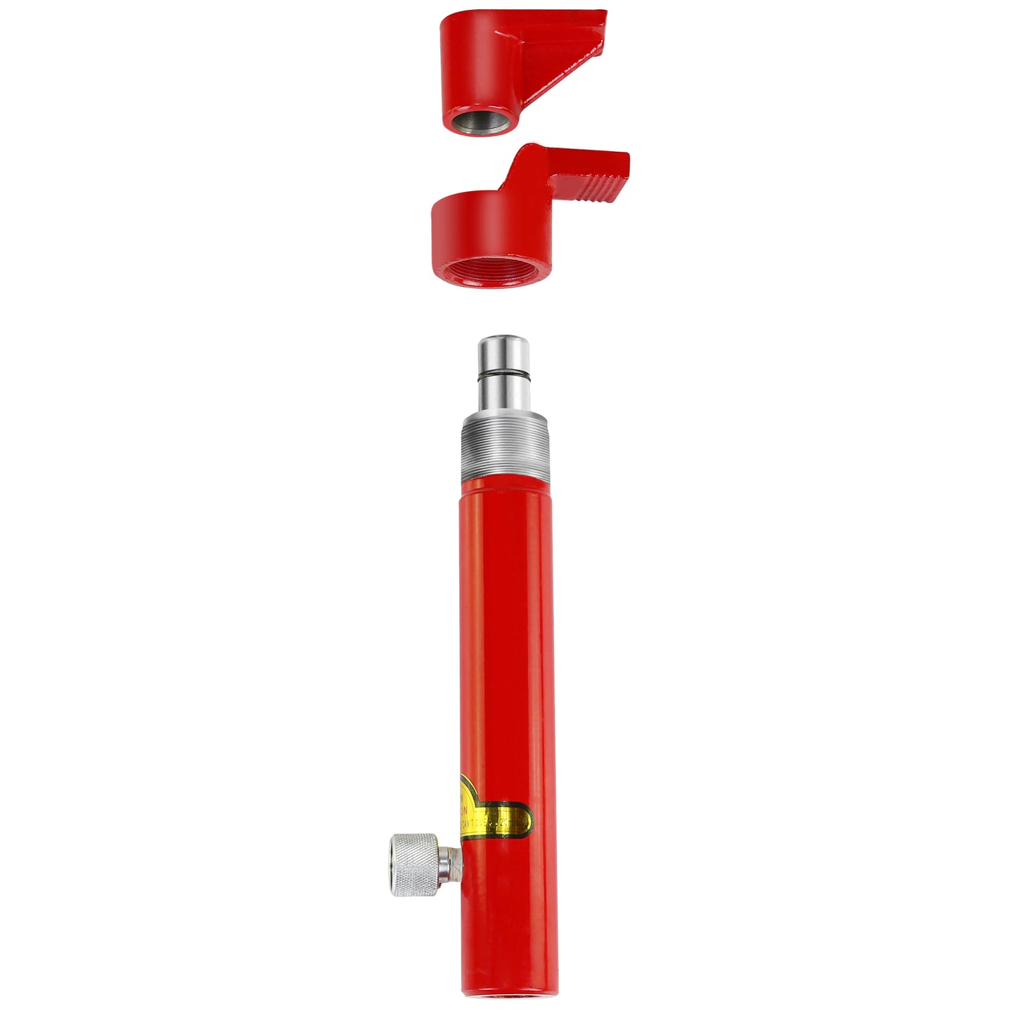 Red hydraulic jack cylinder with two attachment heads and a silver adjustment knob