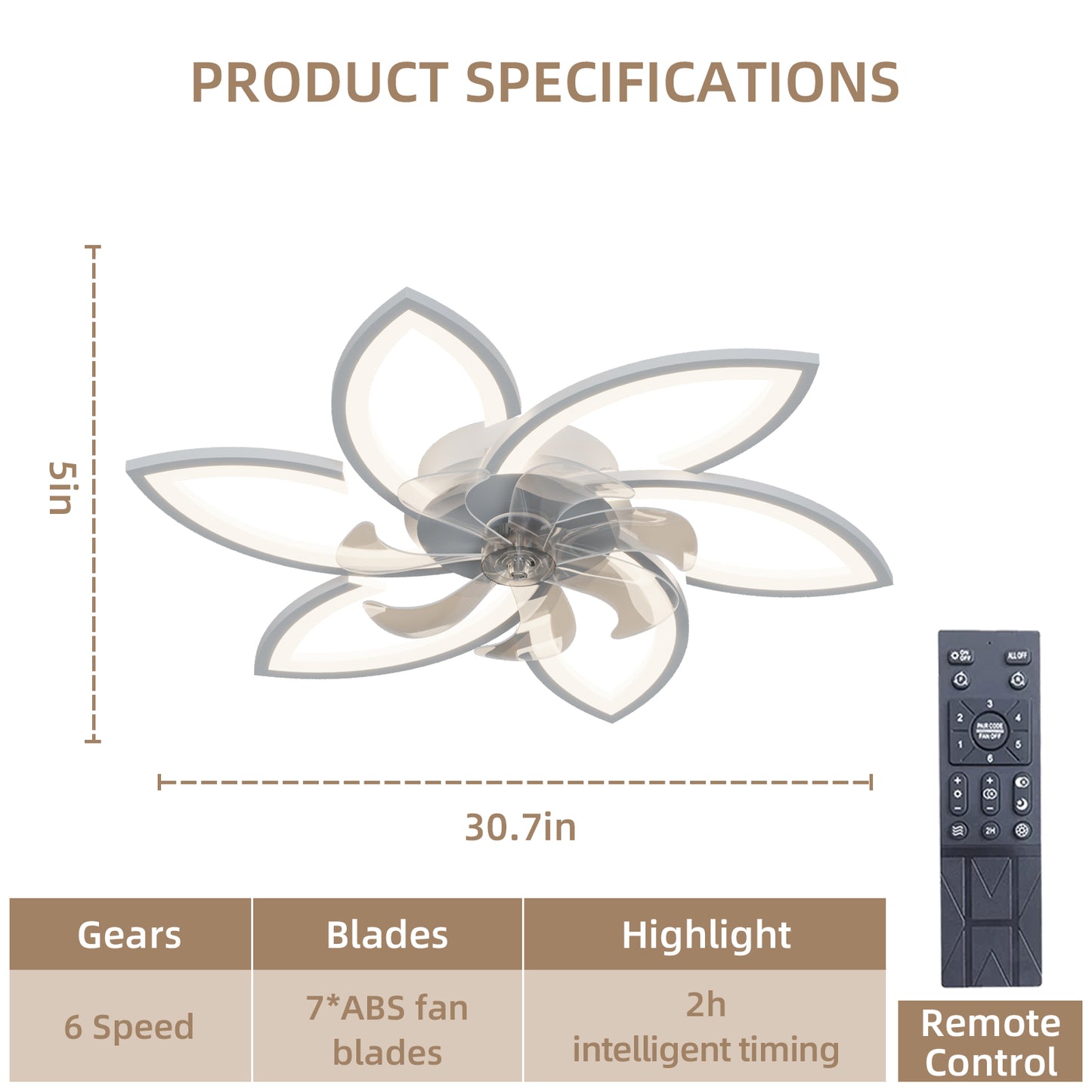 Modern ceiling fan with flowershaped acrylic blades and LED lighting