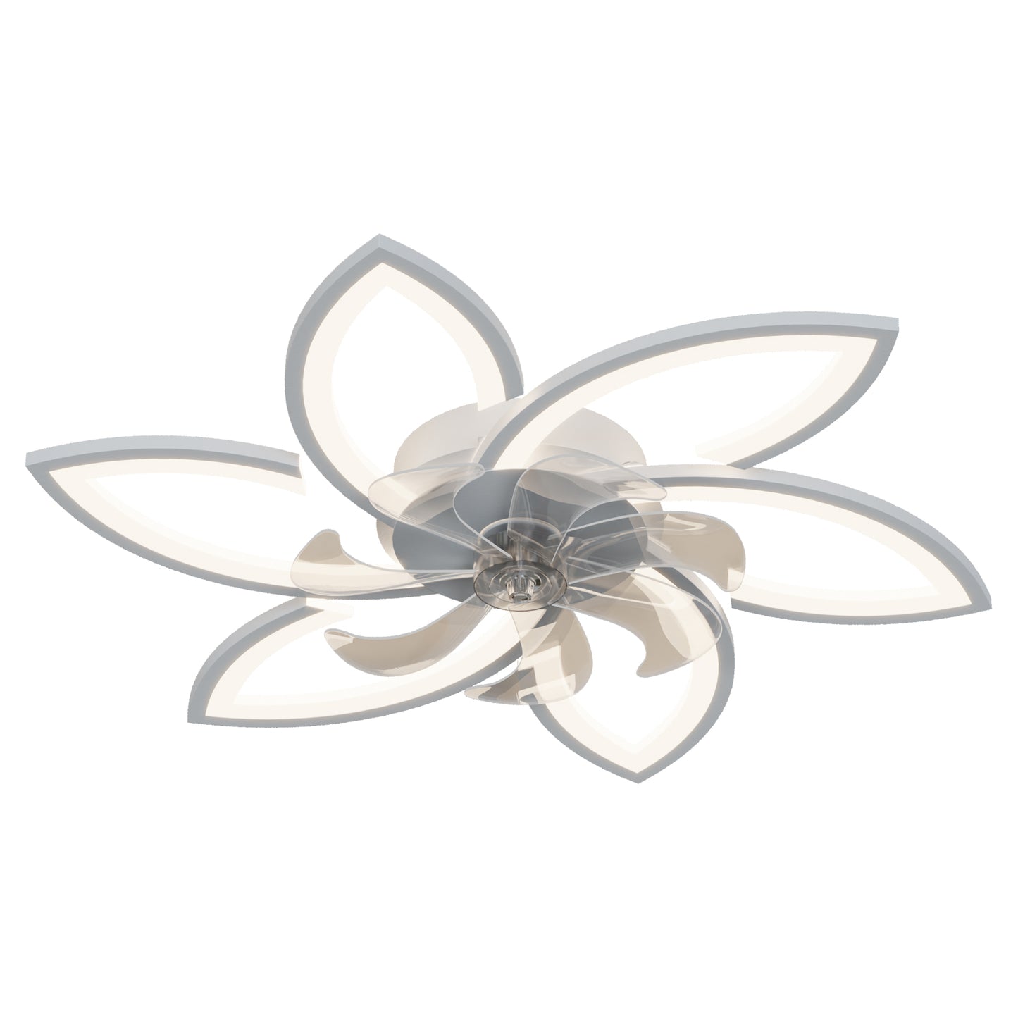 Modern flowershaped ceiling fan with acrylic blades and integrated LED light white