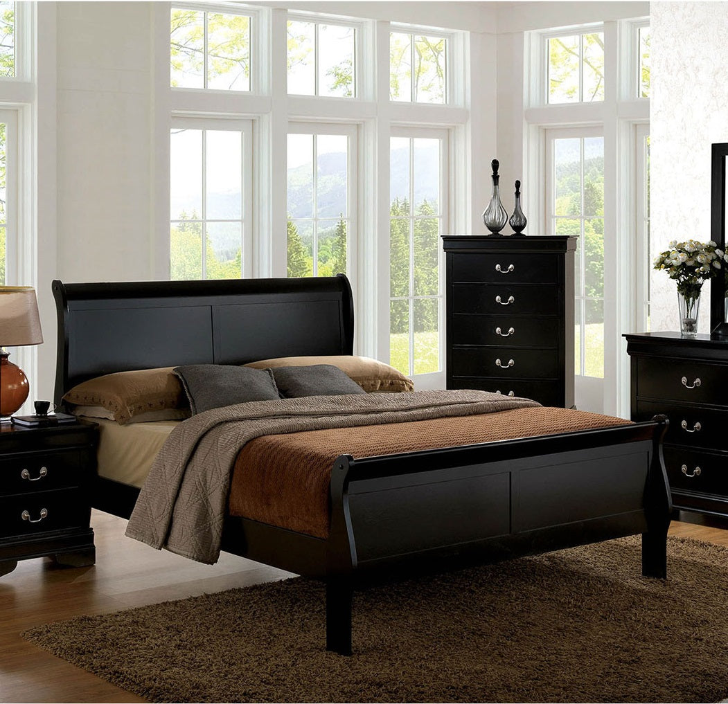 Black sleigh bed frame with upholstered headboard and matching nightstand
