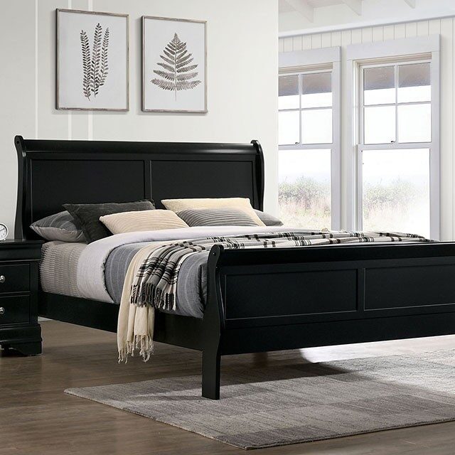 Black sleigh bed frame with upholstered headboard and footboard king size