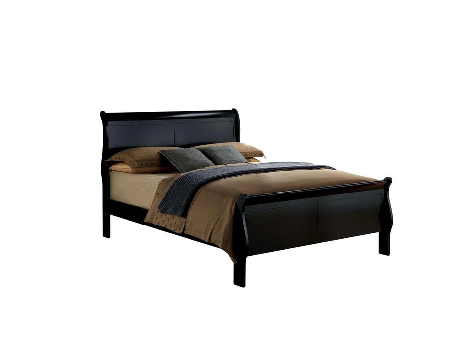 Black wooden sleigh bed with curved headboard and footboard
